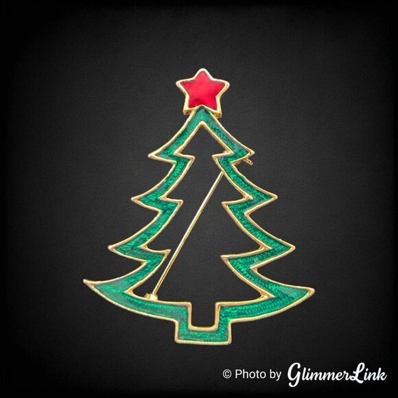 Vintage AAI Openwork Enamel Holiday Christmas Tree Unisex Gold Tone Brooch - Picture 1 of 7